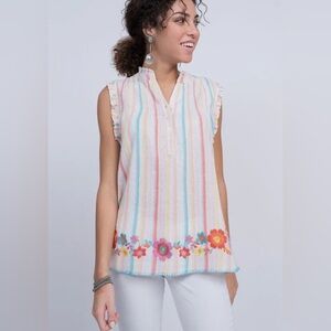 Ivy Jane Fresh Air Stripe Floral Embroidered Ruffle Metallic Beachy Top